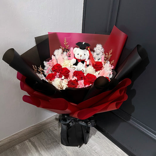 Graduation Bear Bouquet with Preserved Roses