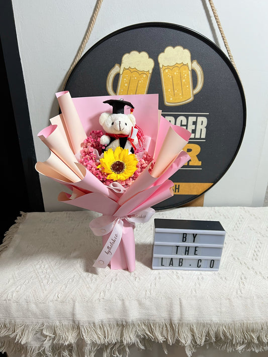 Graduation Bear with Single Stalk Soap Sunflower Bouquet - Bright Pink Cream