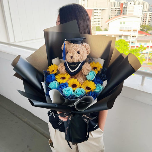 Large Graduation Bear with Soap Sunflower and Roses Bouquet - Black