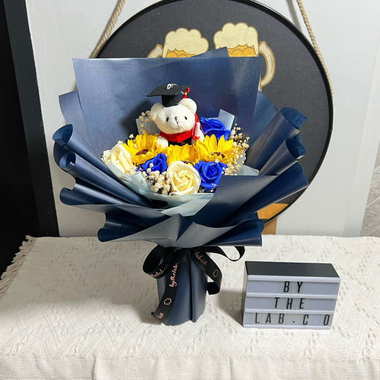 Graduation Bear with Soap Sunflower and Roses Bouquet - Navy