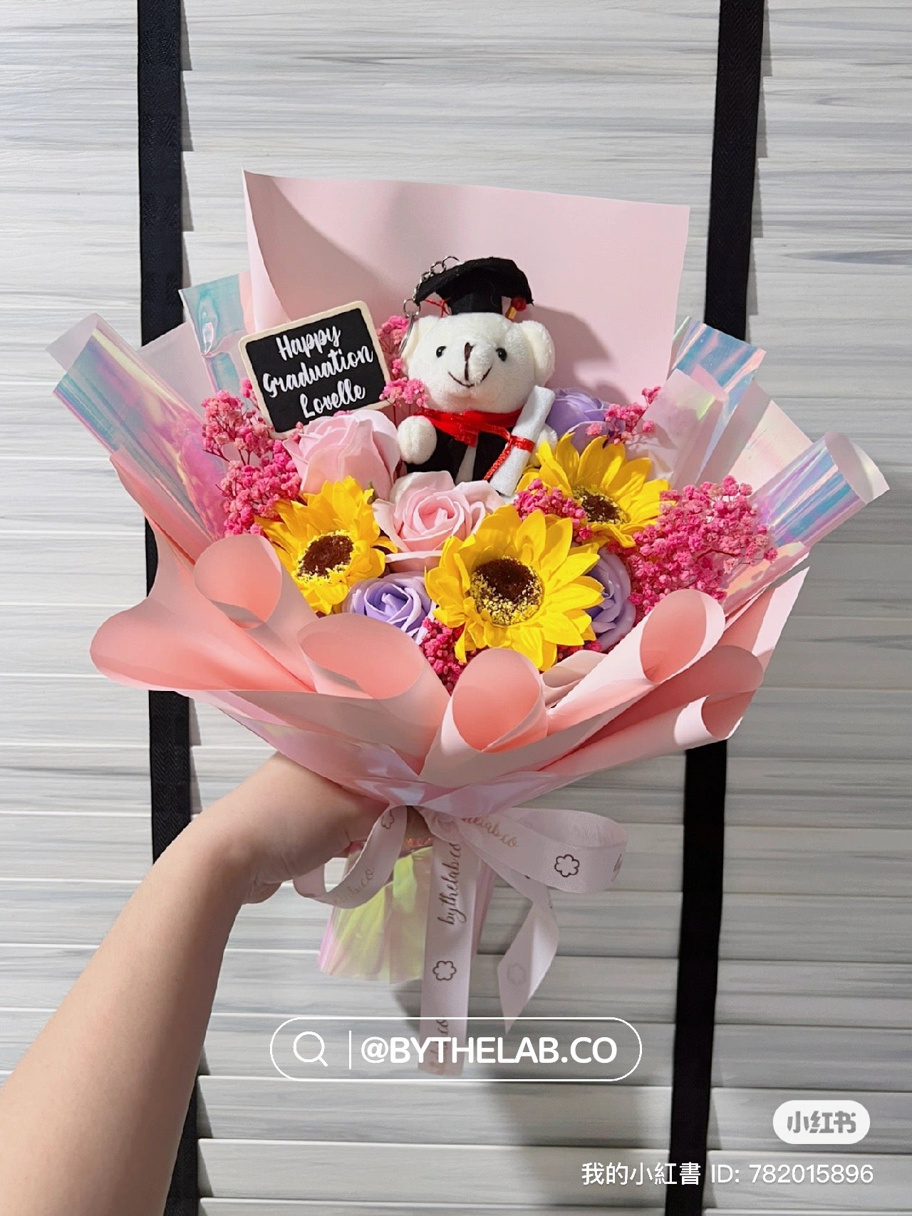 Graduation Bear with Soap Sunflower and Roses Bouquet - Holographic Pink