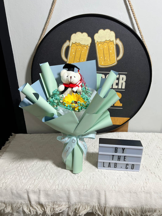 Graduation Bear with Single Stalk Soap Sunflower Bouquet - Mint Blue