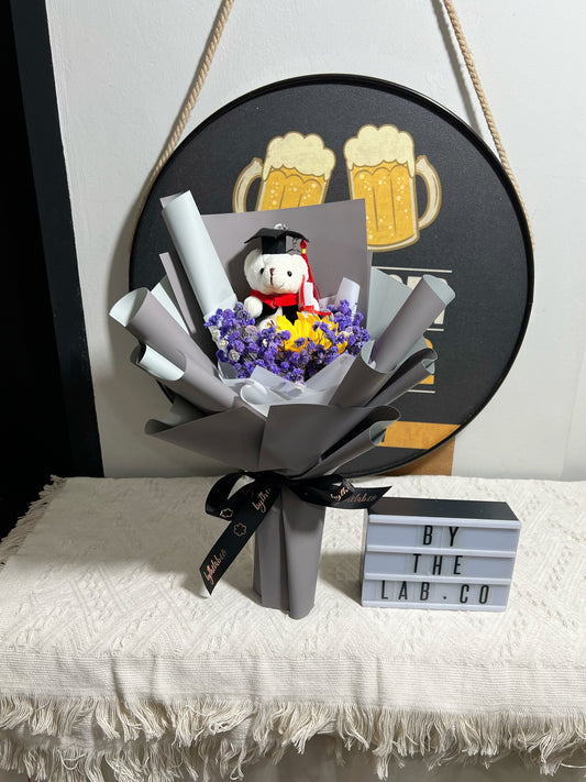 Graduation Bear with Single Stalk Soap Sunflower Bouquet - Grey