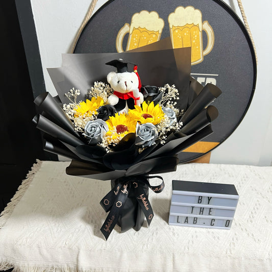 Graduation Bear with Soap Sunflower and Roses Bouquet - Black Silver