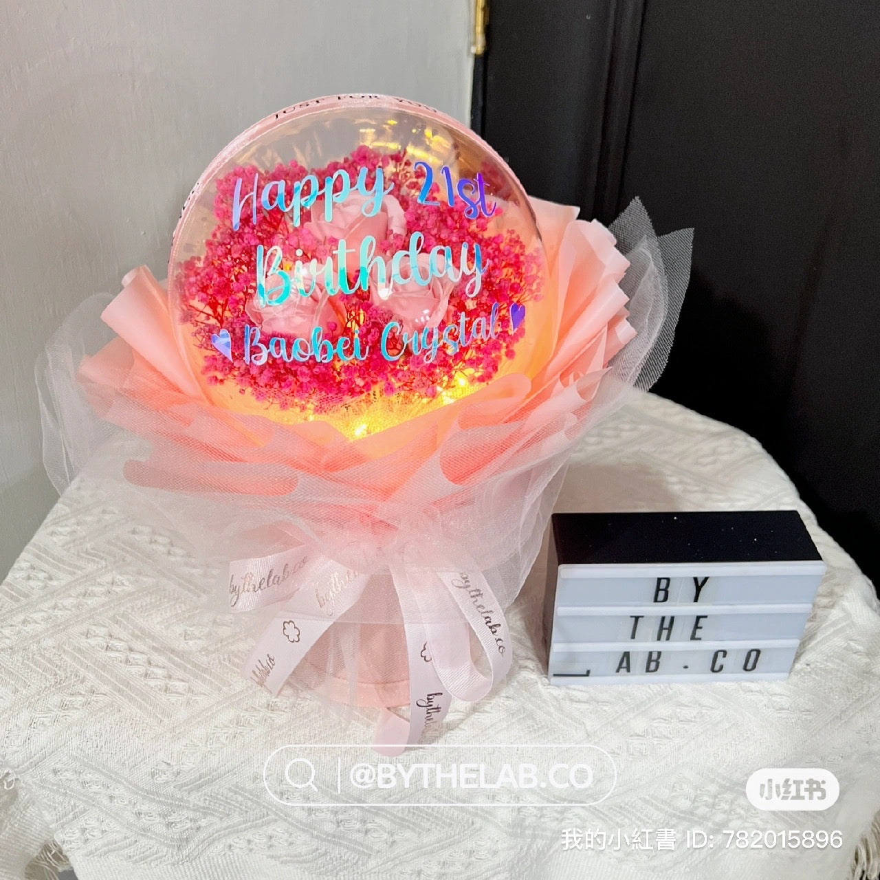 Acrylic Ball with Box Base with 3 Stalk Soap Roses and Preserved Babybreath