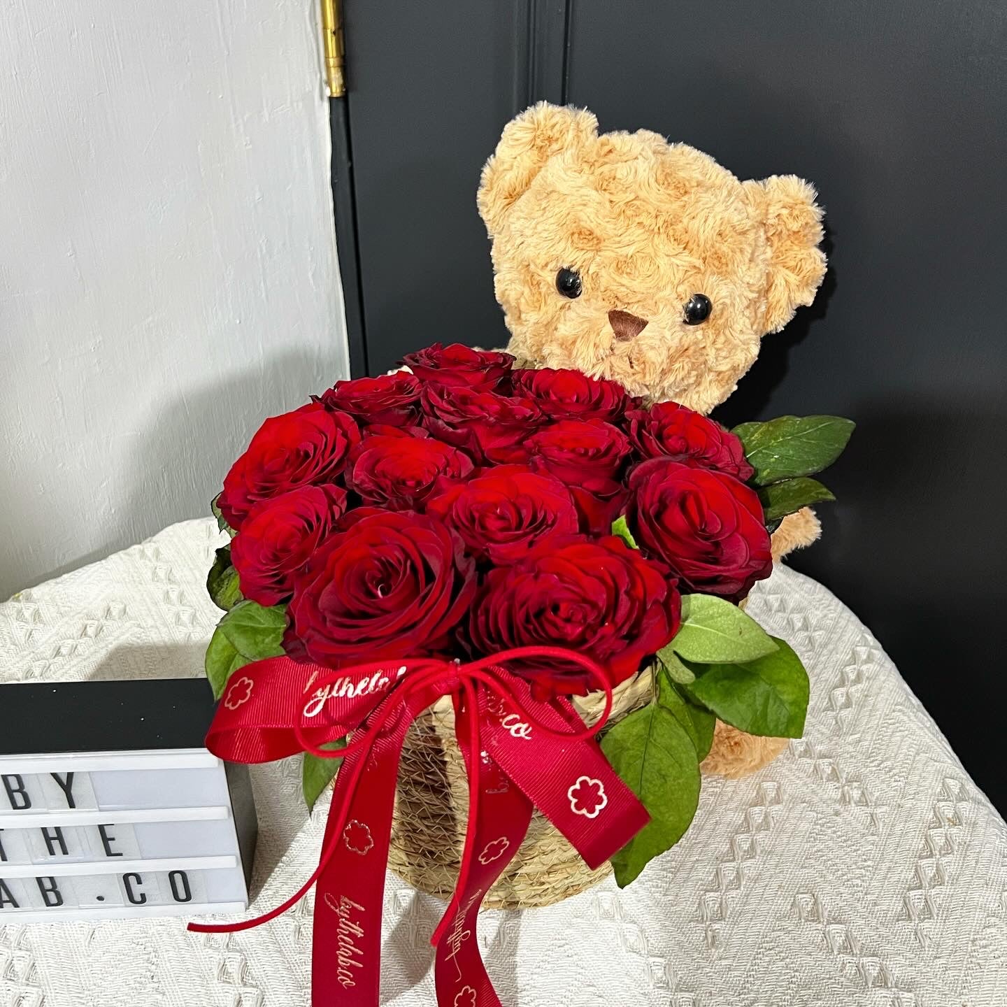 Bear in Love Basket in Fresh Red Roses (Large)