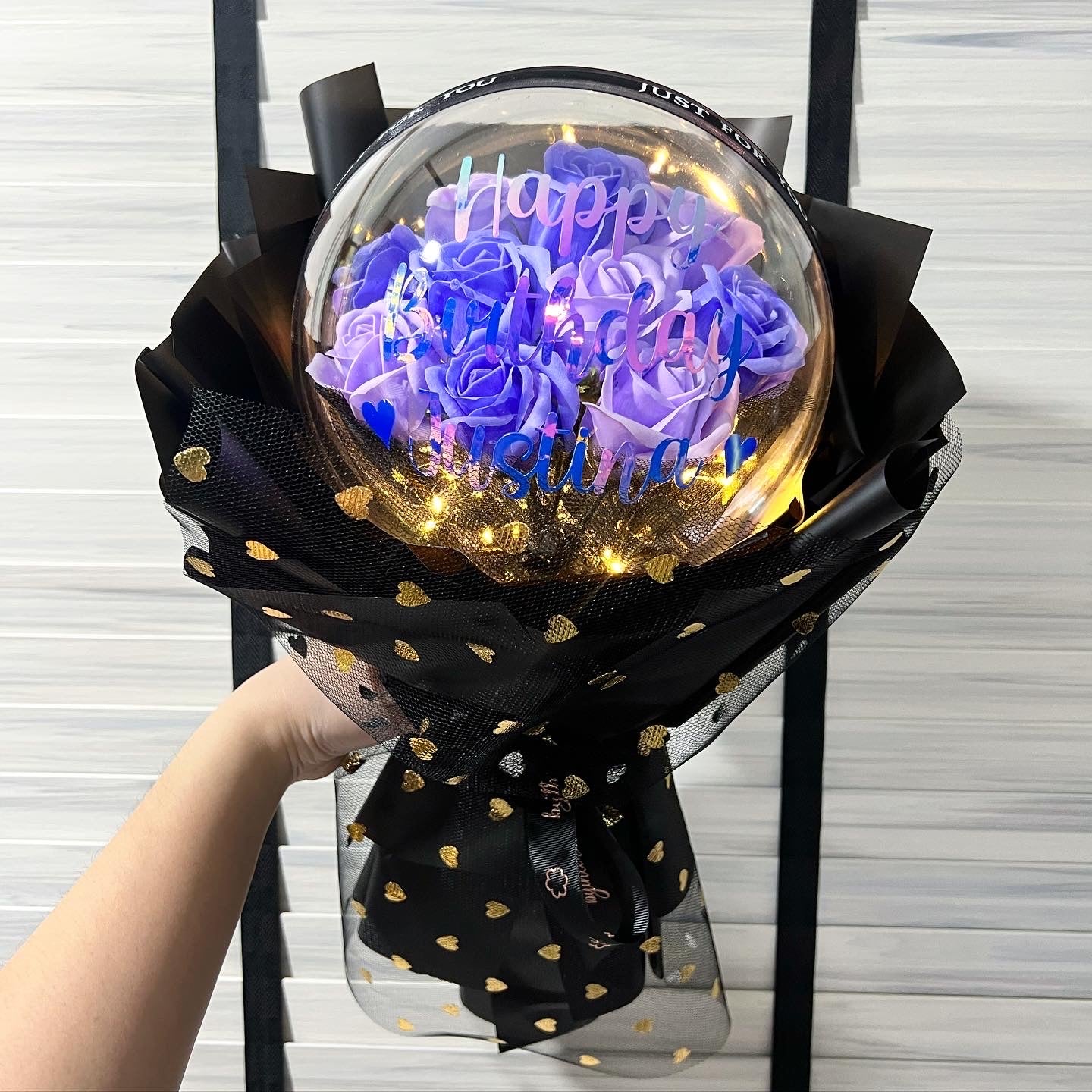 Acrylic Ball Bouquet with 9 Stalks Soap Roses - Black Purple Mix