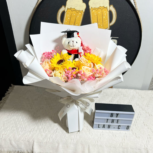 Graduation Bear with Soap Sunflower and Roses Bouquet - White Pink