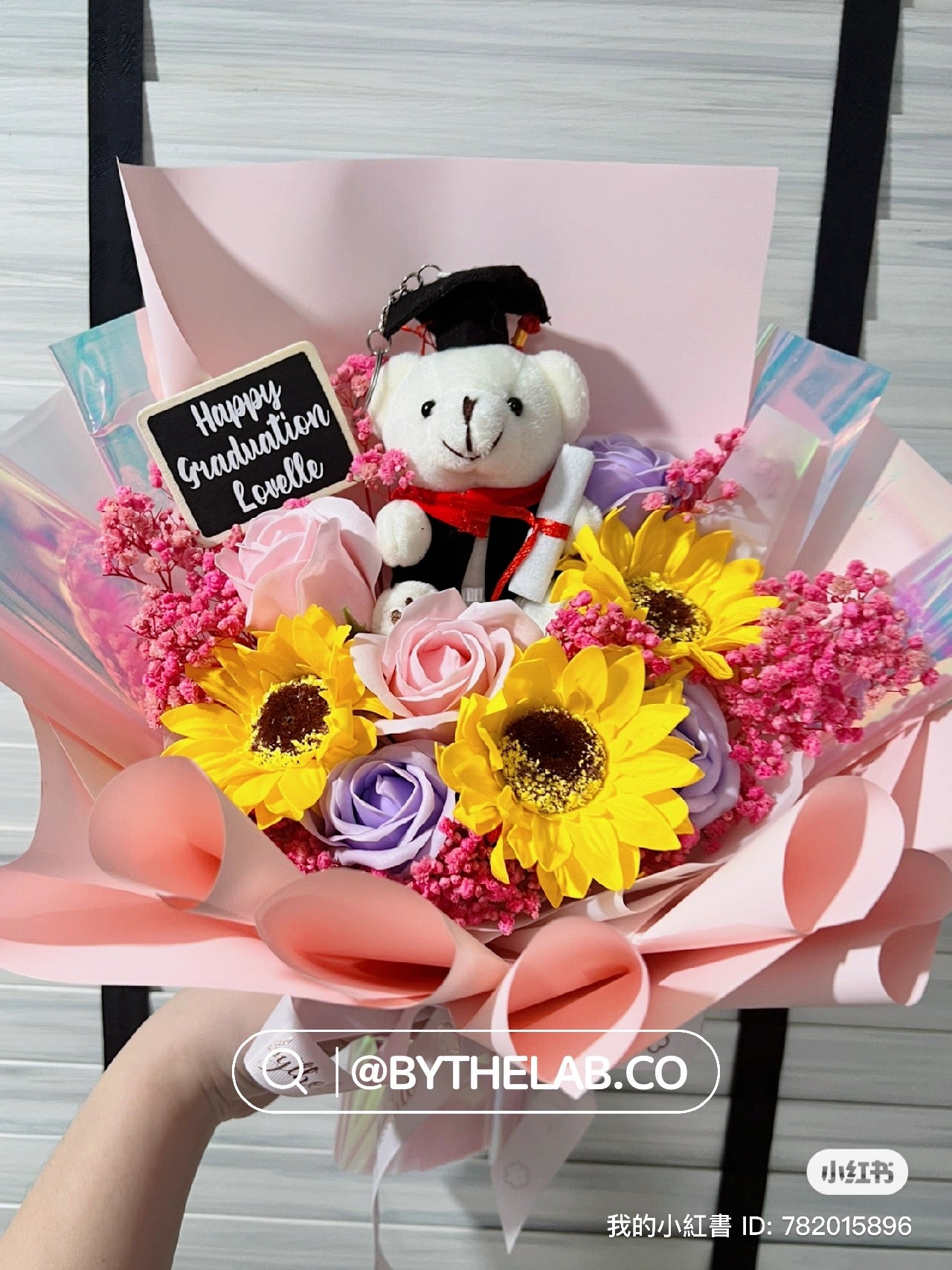 Graduation Bear with Soap Sunflower and Roses Bouquet - Holographic Pink