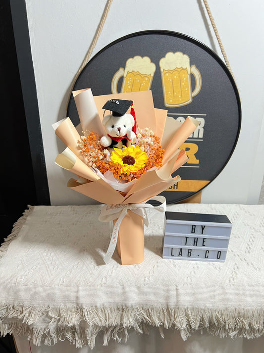 Graduation Bear with Single Stalk Soap Sunflower Bouquet - Orange