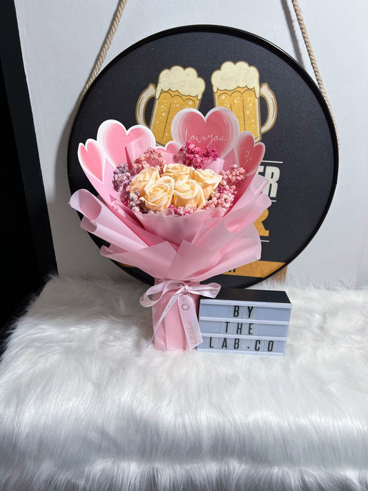 Love You with 5 Stalks Soap Roses with Dried Babybreath - Pink