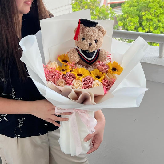 Large Graduation Bear with Soap Sunflower and Roses Bouquet - White