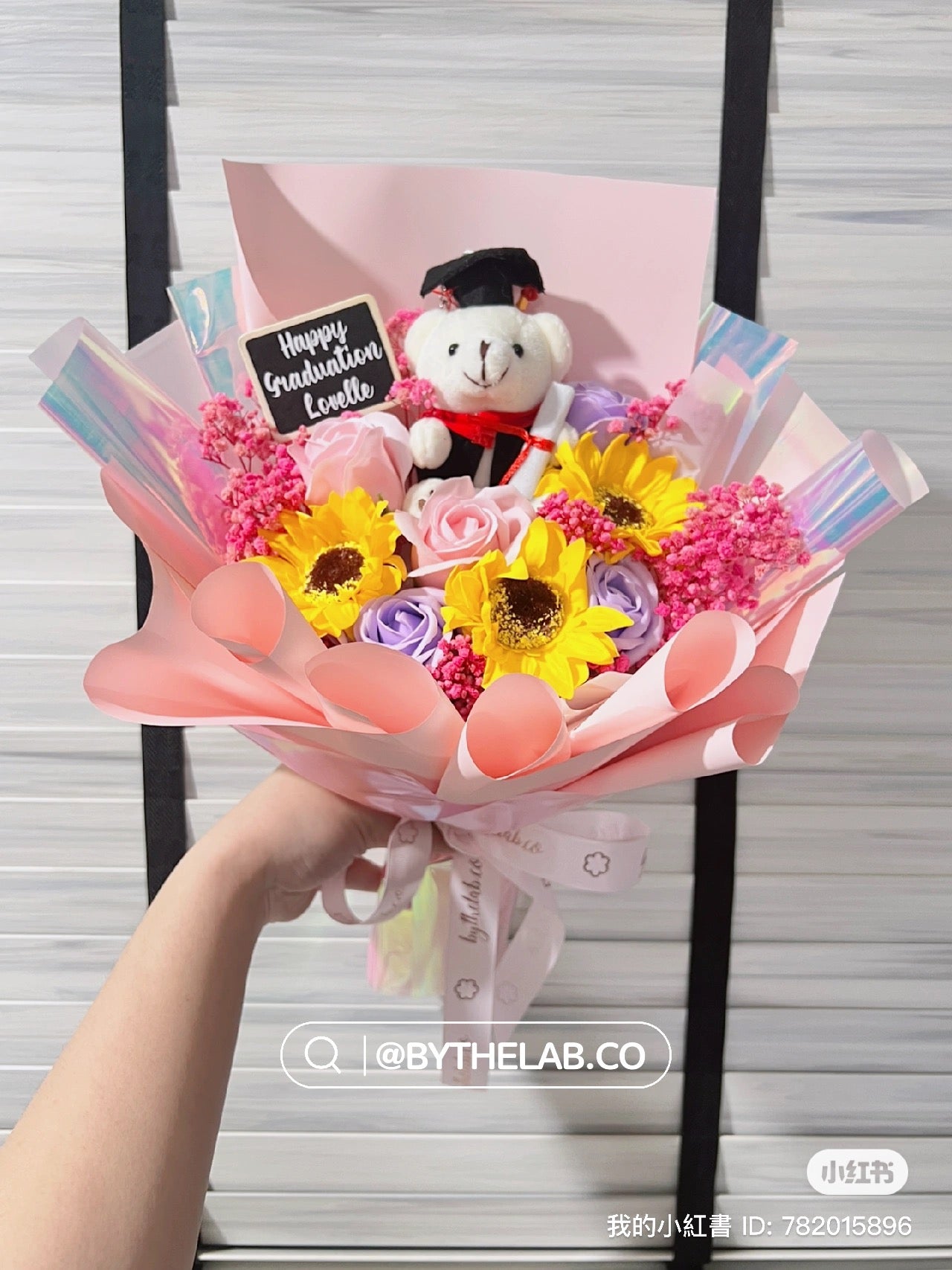 Graduation Bear with Soap Sunflower and Roses Bouquet - Holographic Pink