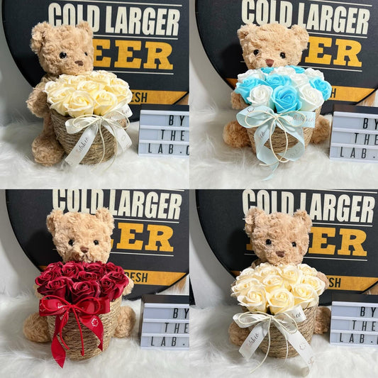 Small Teddy Bear in Basket in Heart Soap Roses