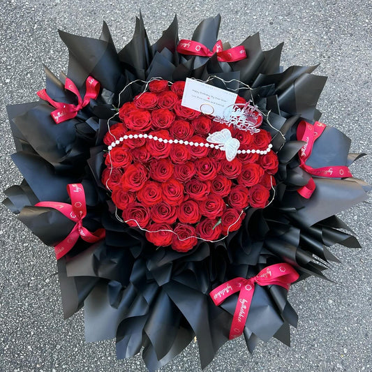 52 Stalks Fresh Red Roses in Black Wispy Spikes Series