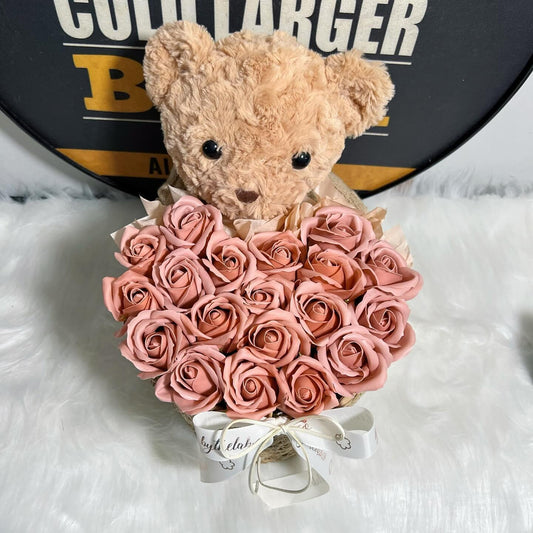 Promo! Large Teddy Bear in Basket in Heart Soap Roses