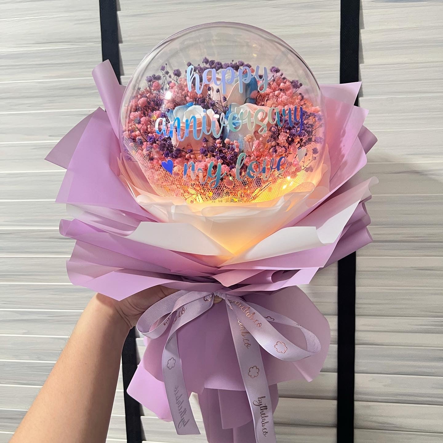 Acrylic Ball Bouquet with 3 Stalks Soap Roses and Preserved Babybreath