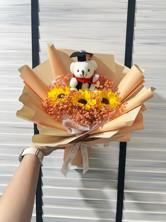 Graduation Bear with 3 Stalks Soap Sunflower and Baby breath Bouquet