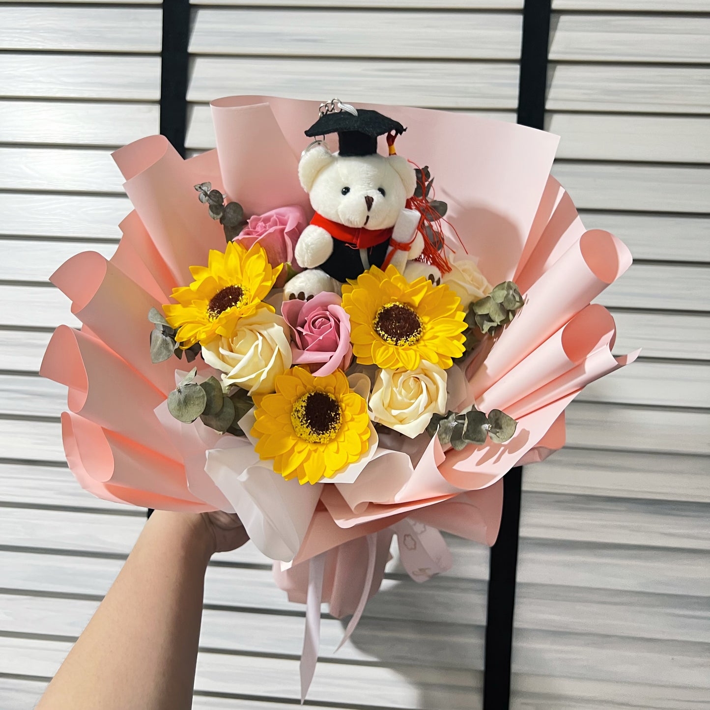 Graduation Bear with Soap Sunflower and Roses Bouquet - Sunny Pink