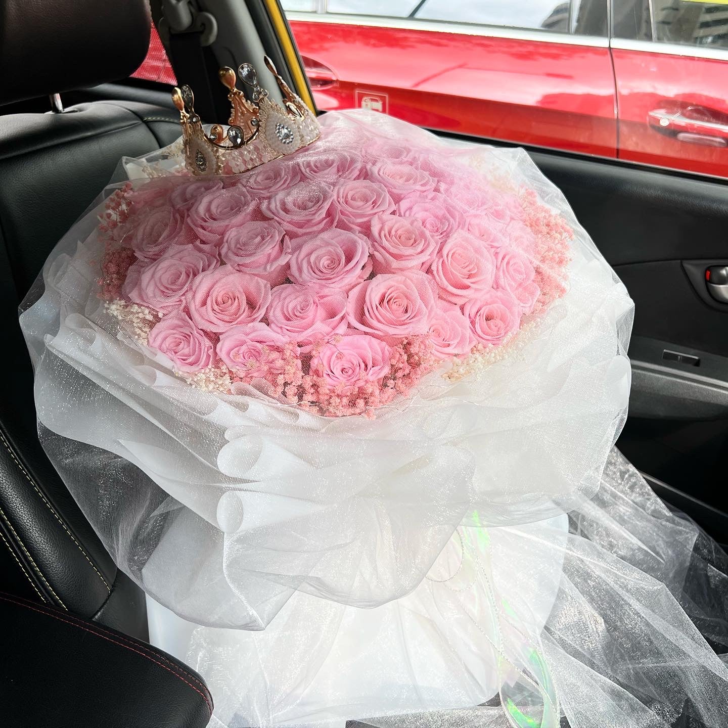 52 Stalks Pink Preserved Roses with Baby breath in Dreamy White