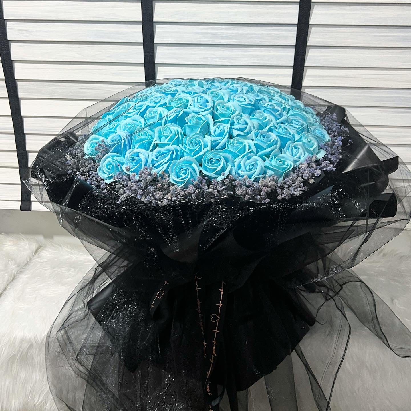 99 Stalks Light Blue Soap Roses with Preserved Babybreath in Dreamy black