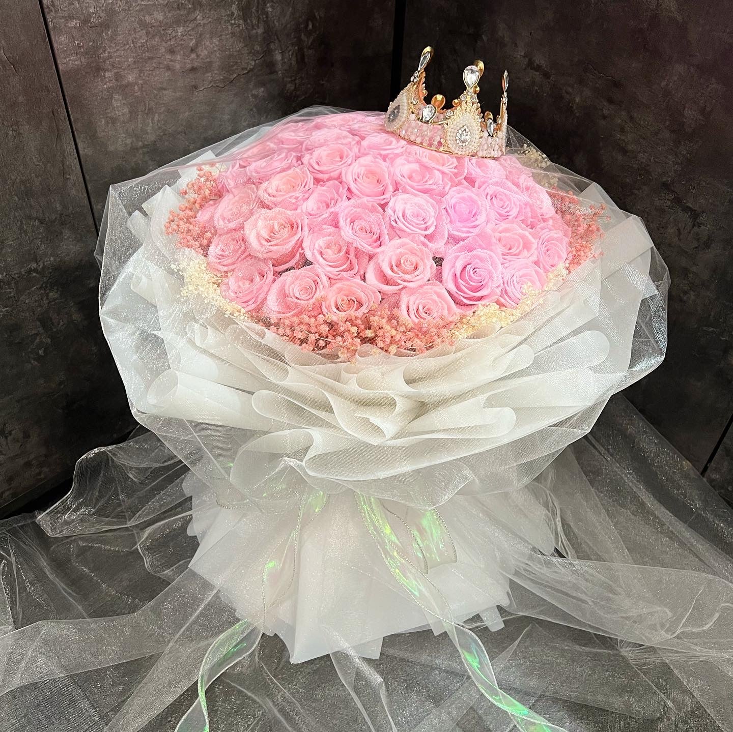 52 Stalks Pink Preserved Roses with Baby breath in Dreamy White