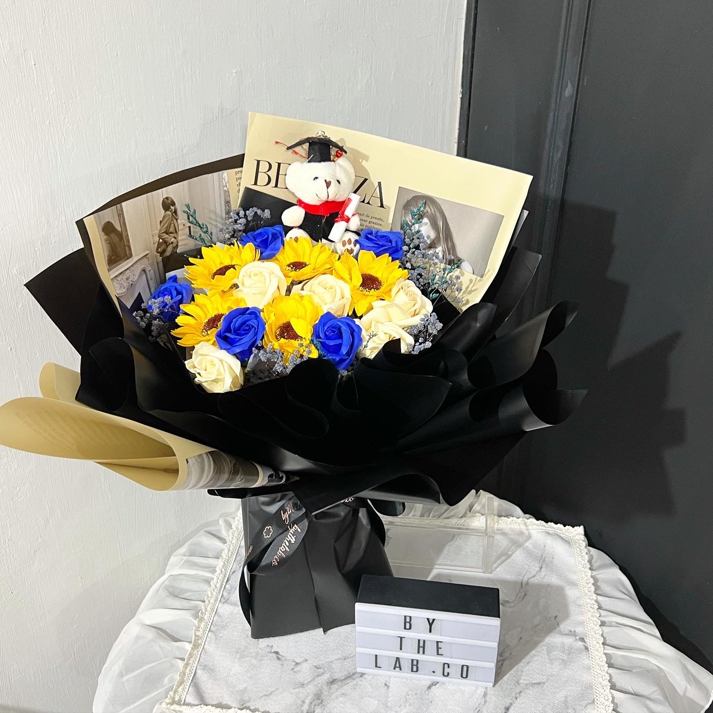 Graduation Bear with Soap Sunflower and Roses Large Bouquet - Black Blue