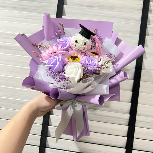 Graduation Character with Soap Sunflower and Roses Bouquet - Purple