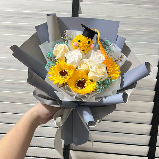 Graduation Character with Soap Sunflower and Roses Bouquet - Blue Grey