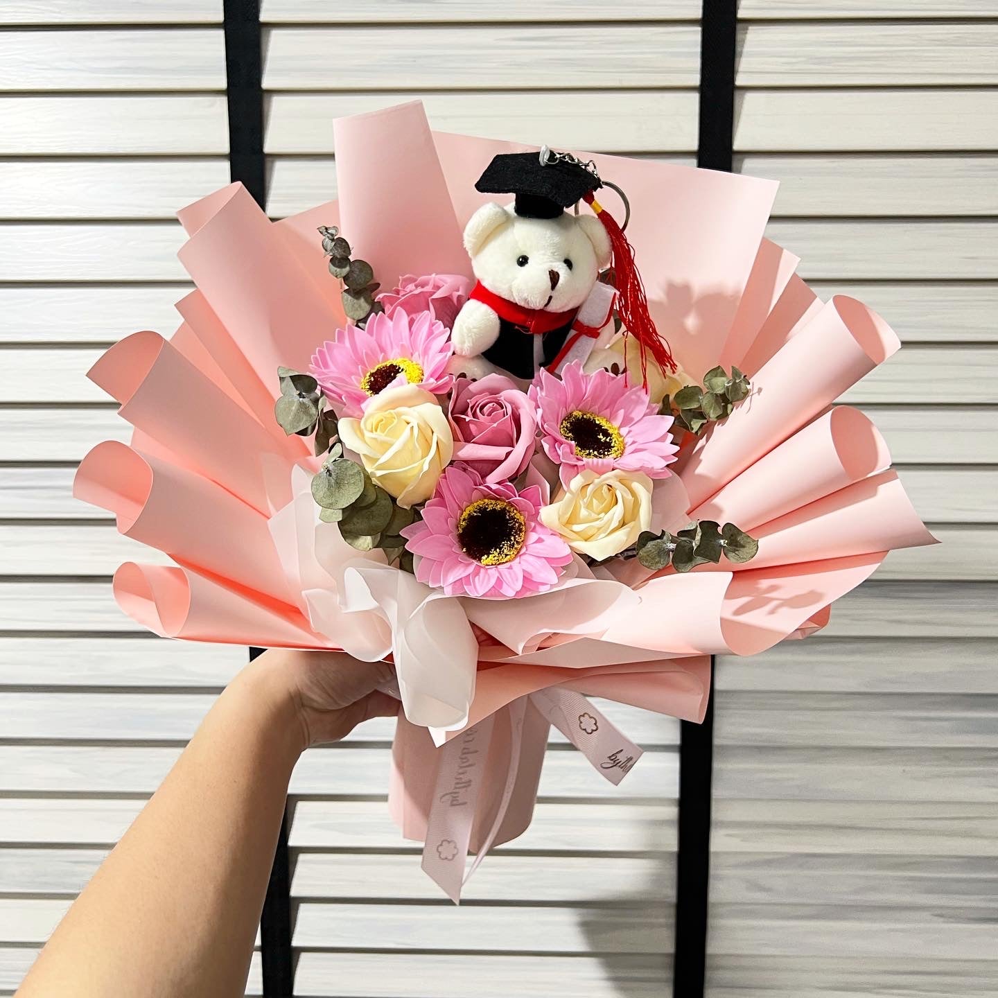 Graduation Bear with Soap Sunflower and Roses Bouquet - Sweet Pink