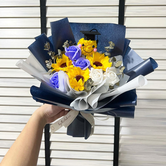 Graduation Character with Soap Sunflower and Roses Bouquet - Kraft Blue