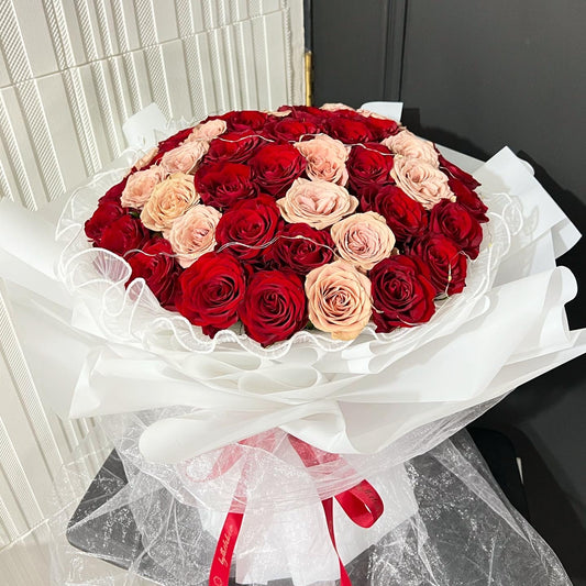 52 Stalks Fresh Red and Cappuccino Roses in Dreamy White Bouquet