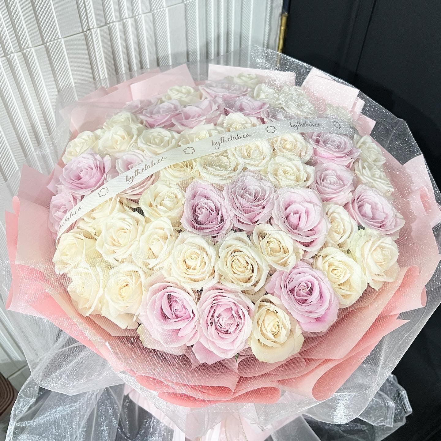 52 Stalks Fresh Pink and Cream Roses in Dreamy White Bouquet