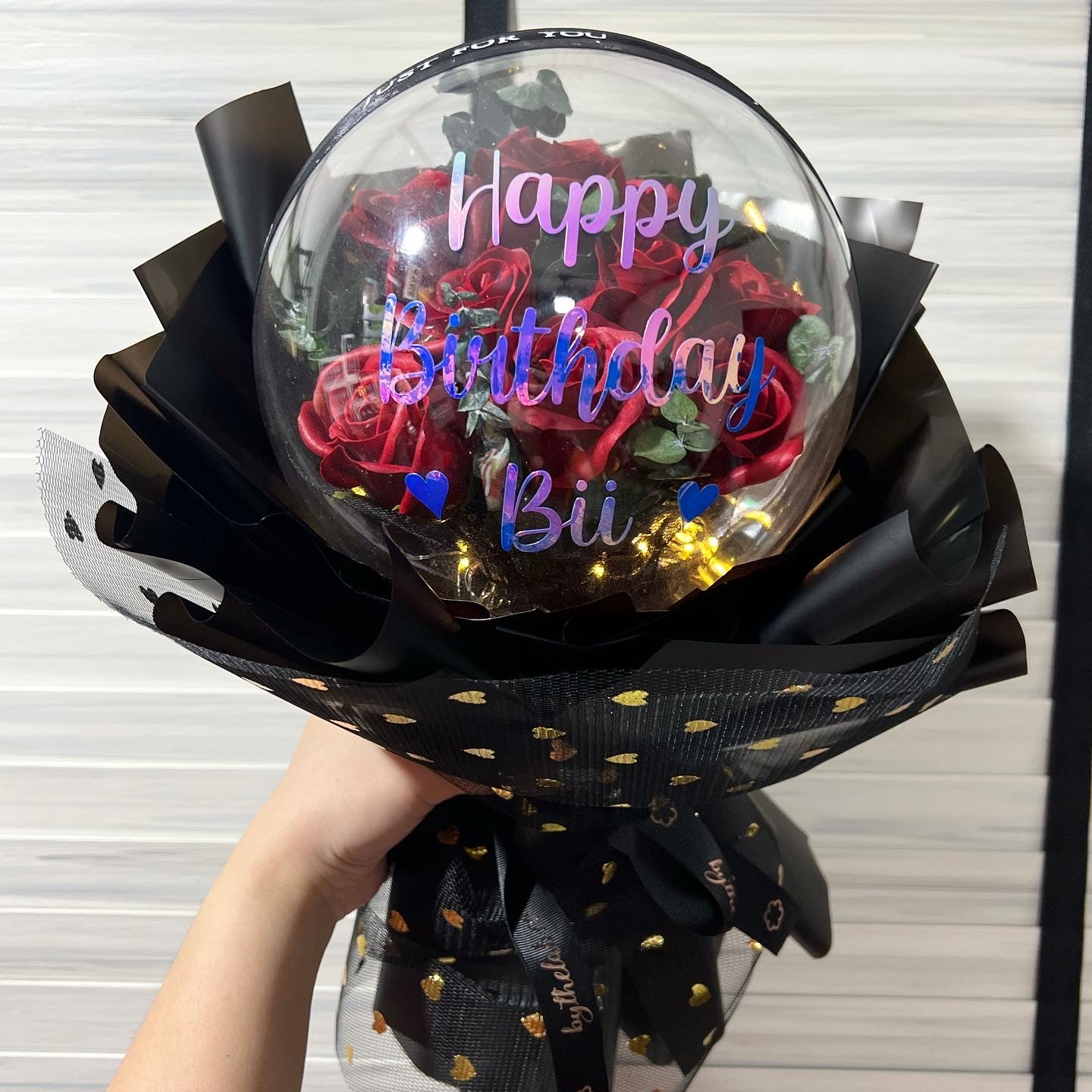 Acrylic Ball Bouquet with 9 Stalks Soap Roses - Red with Eucalyptus