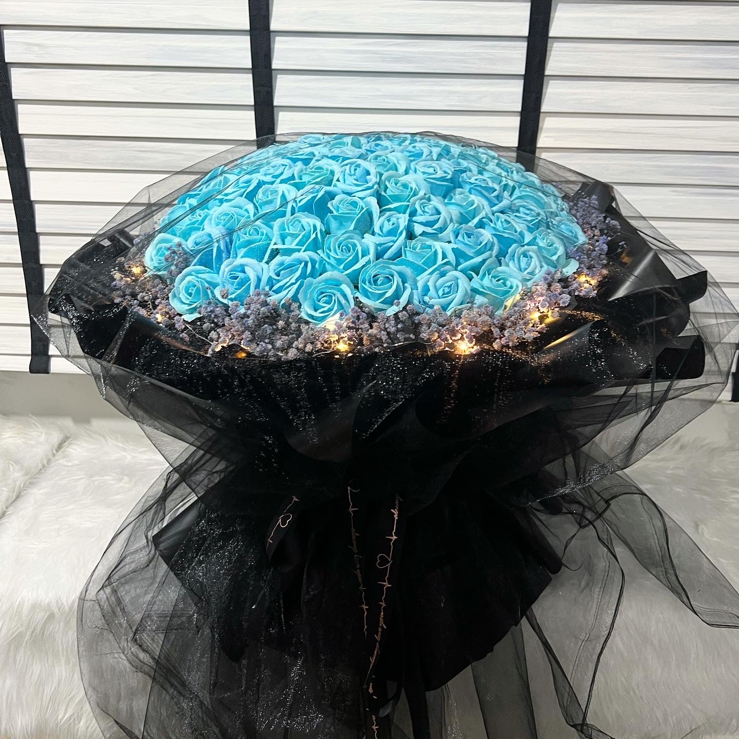 99 Stalks Light Blue Soap Roses with Preserved Babybreath in Dreamy black