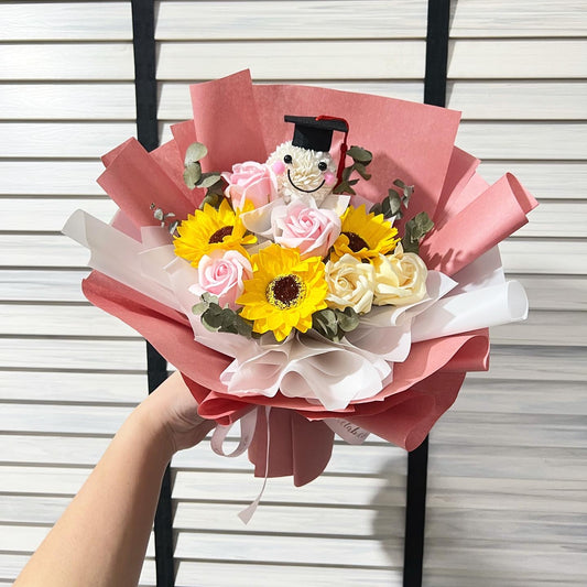 Graduation Character with Soap Sunflower and Roses Bouquet - Kraft Peach Pink