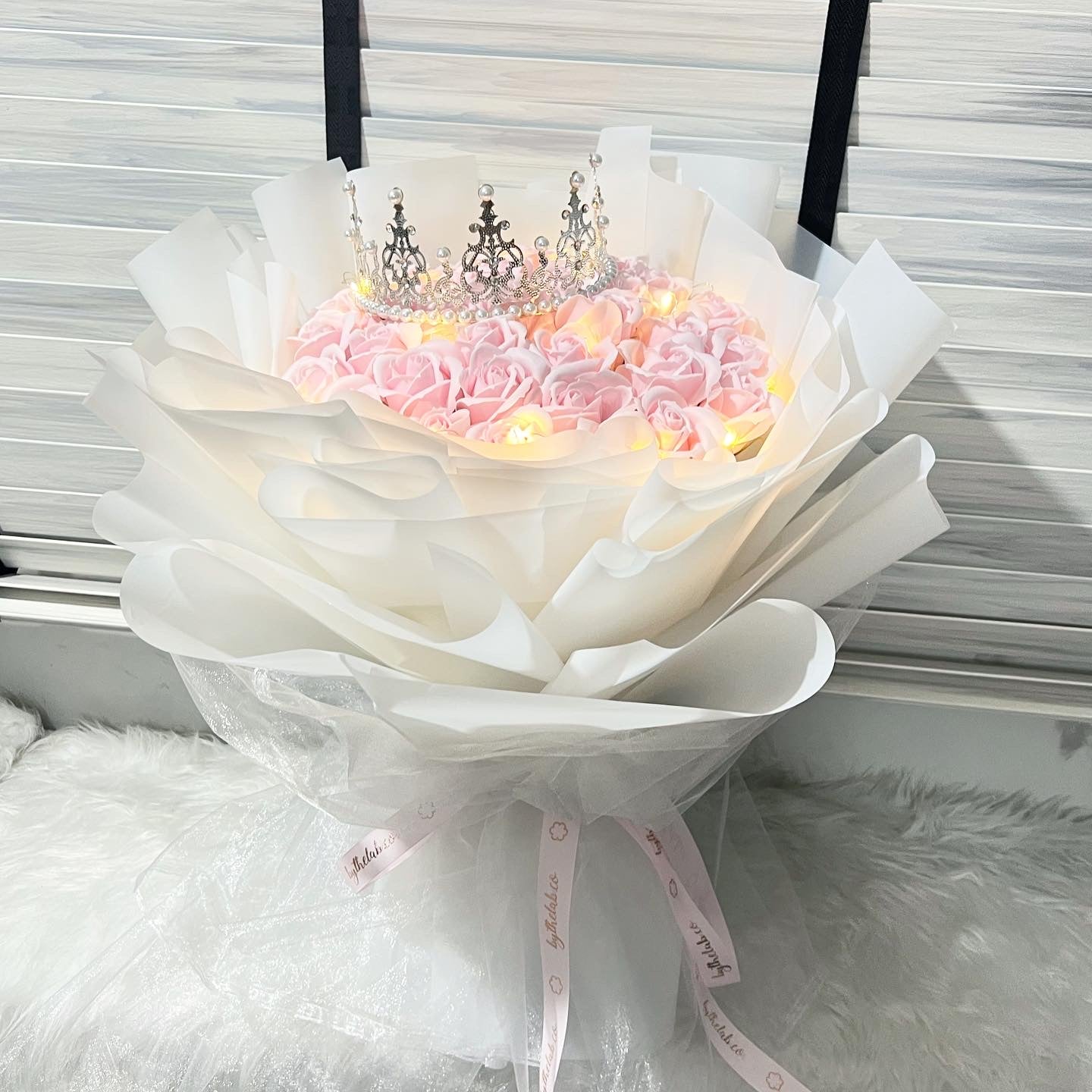 33 Stalks Pink Soap Roses with Crown in Dreamy White