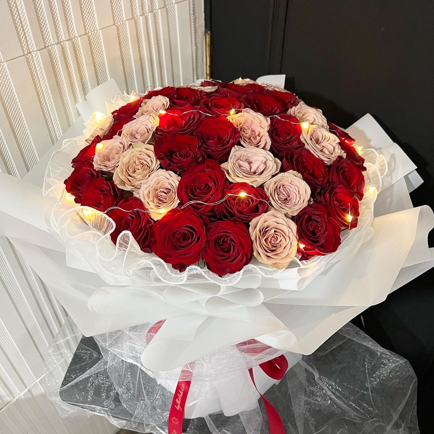 52 Stalks Fresh Red and Cappuccino Roses in Dreamy White Bouquet